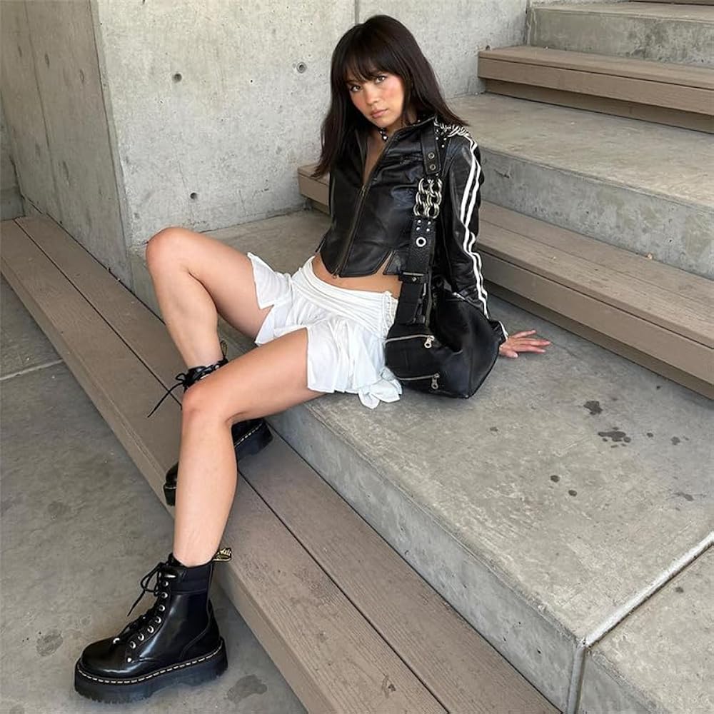 Goth Faux Pu Zipper Punk Y2k Autumn Crop Jackets Grunge